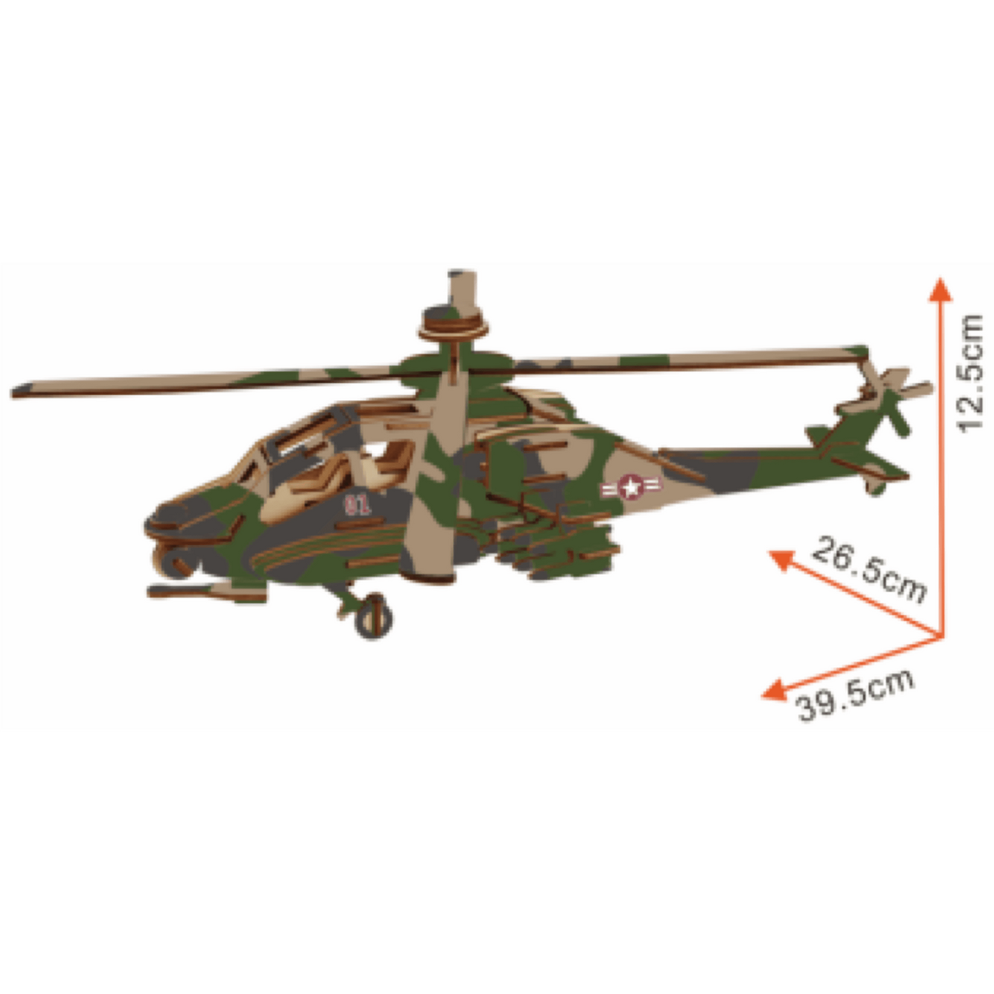 Apache Helicopter Model Kit - Wooden Laser-Cut 3D Puzzle (82 Pcs)