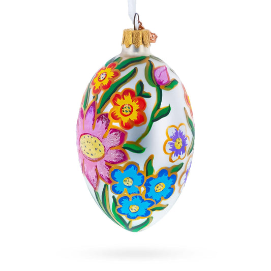 Colorful Flowers Glass Egg Ornament 4 Inches