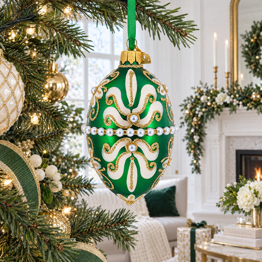 Beaded Center & Golden Flowers On Green Glass Egg Ornament 4 Inches