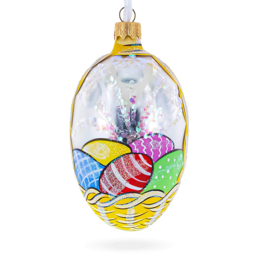 Easter Bunny in Flower Basket Glass Egg Ornament 4 Inches