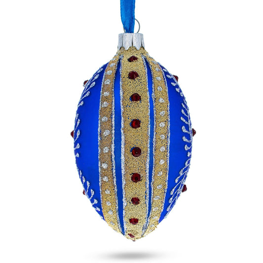 Silver on Blue Jeweled Glass Egg Ornament 4 Inches
