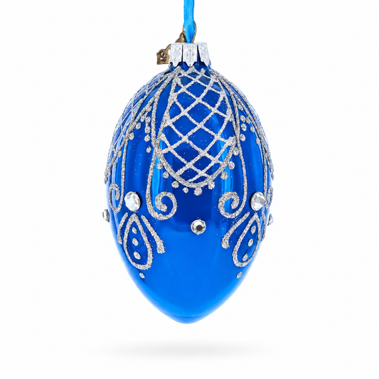 Jeweled Blue Glossy Royal Inspired Glass Egg Ornament 4 Inches