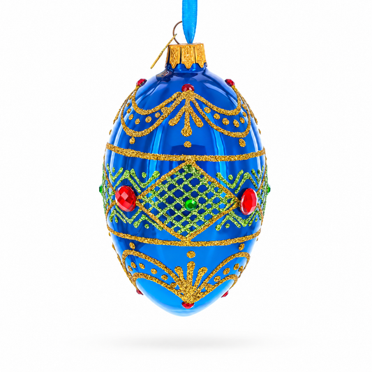 Jeweled Red on Blue Glass Egg Ornament 4 Inches