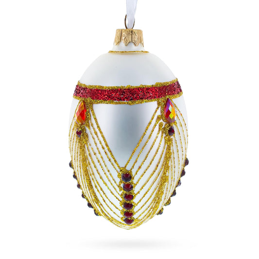 Red Jewels Eccentrics on White Glass Egg Ornament 4 Inches