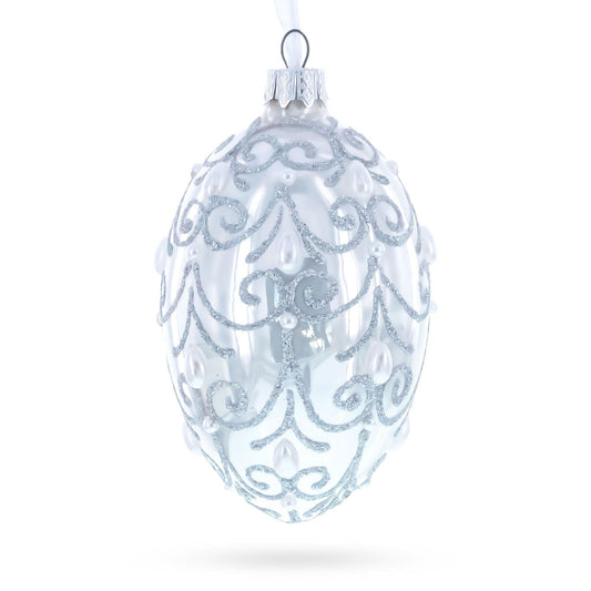 Jeweled Beads on Glossy White Glass Egg Ornament 4 Inches