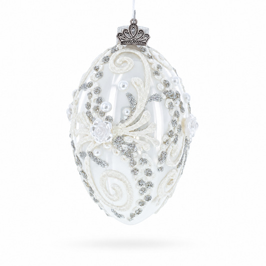 Silver Glitter Scrolls, Pearls & Rose Accents Winter Elegance Glass Egg Ornament 4 Inches