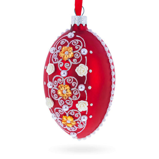 Jeweled Flowers on Red Glass Egg Christmas Ornament 4 Inches