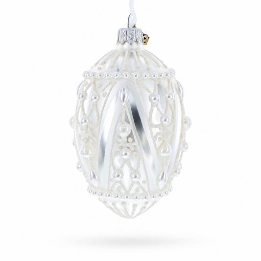 Pearlized Drops on White Glass Egg Christmas Ornament 4 Inches