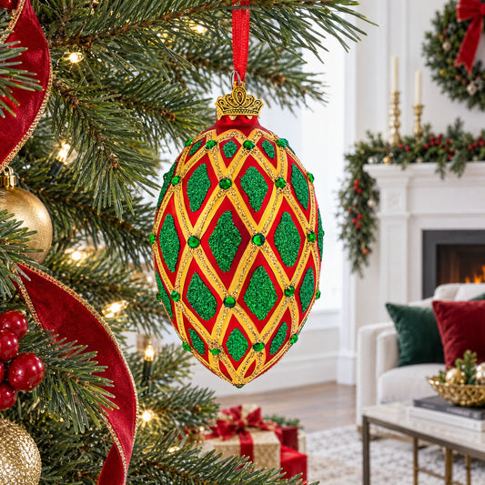 Jeweled Green IKAT on Red Glass Egg Christmas Ornament 4 Inches