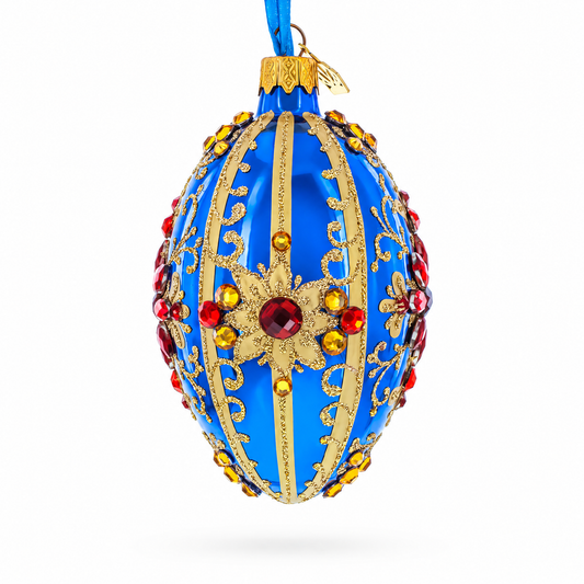 Sapphire with Red Floral Gemstone Embellishments Glass Egg Ornament 4 Inches