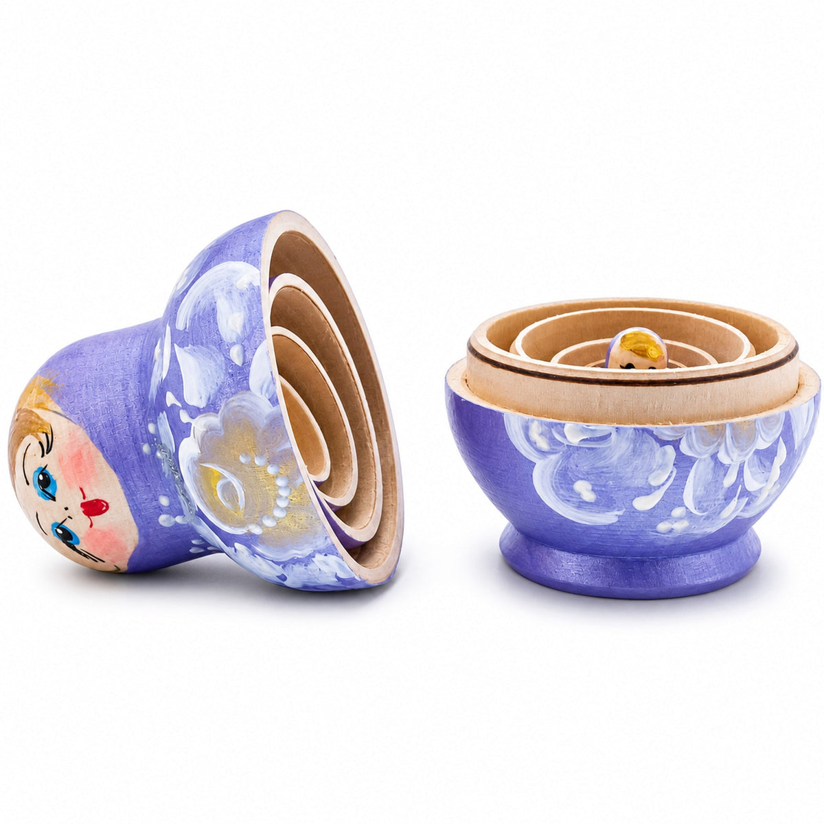 Purple Color with White Color Flowers Wooden Nesting Dolls