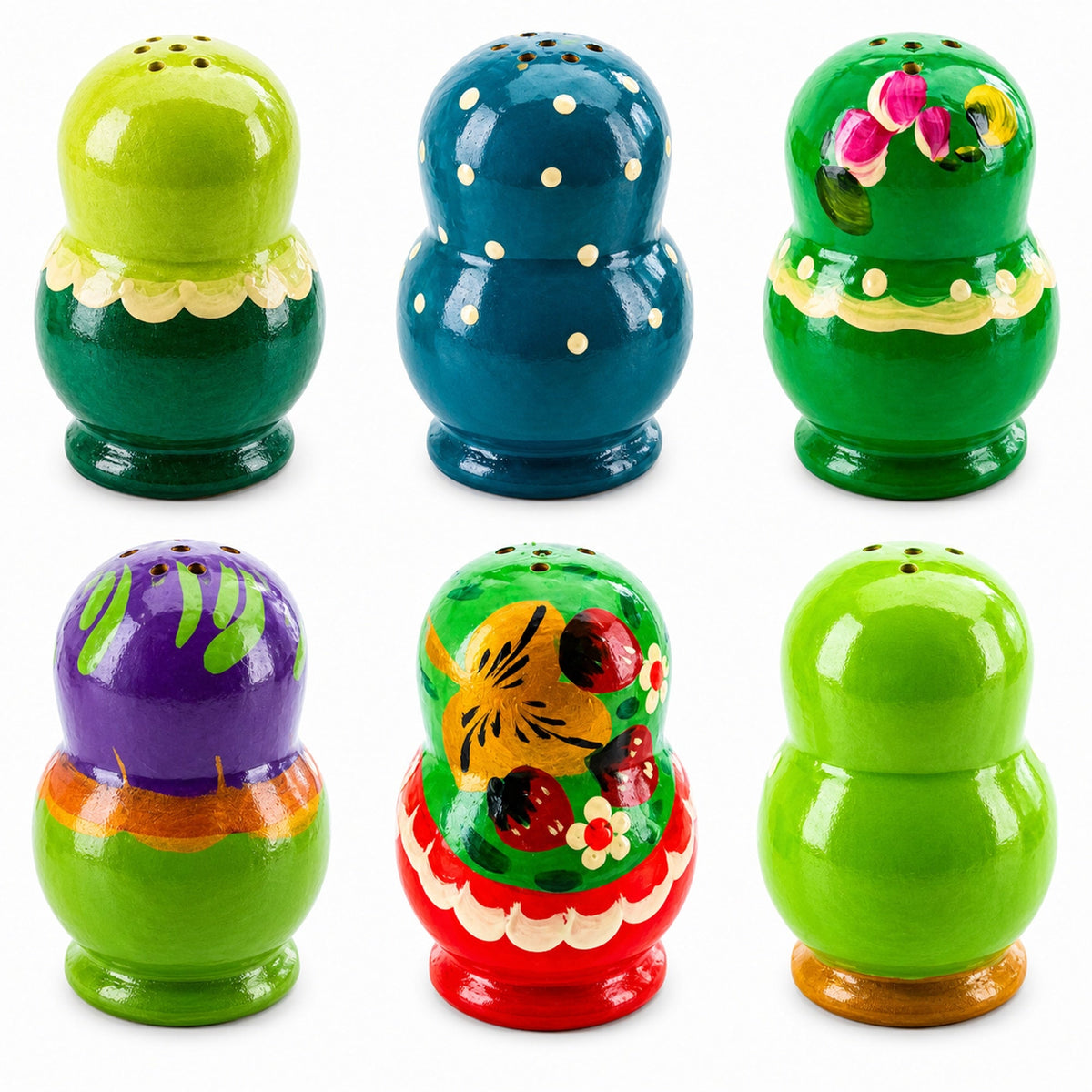 Set of 2 Wooden Floral Nesting Dolls - Green Matryoshka Salt Shakers
