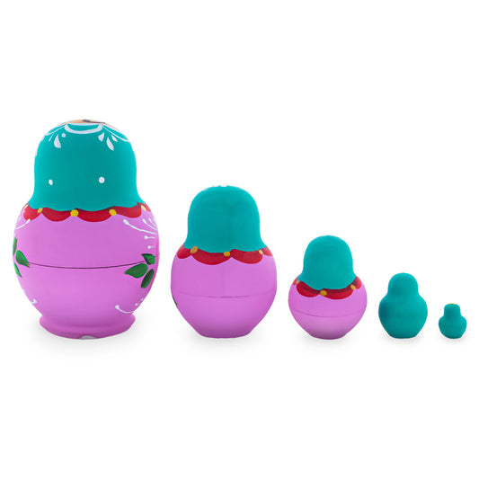 Green Hood with Pink Flower Pink Wooden Nesting Dolls
