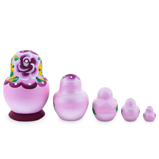 Pink Color with White Velvet Flower Wooden Nesting Dolls
