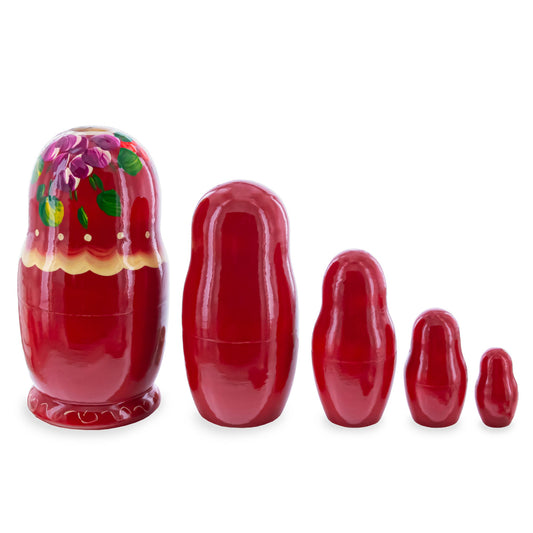 Red Color with Purple Flowers and Red Berries Wooden Nesting Dolls