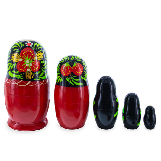 Red Color with Berries and Flowers Wooden Nesting Dolls