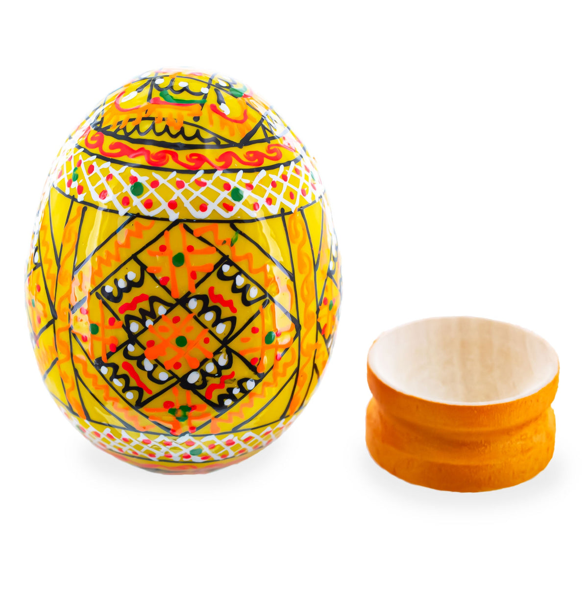 Geometrical Yellow Ukrainian Wooden Easter Egg Pysanka on a Stand 3 Inches