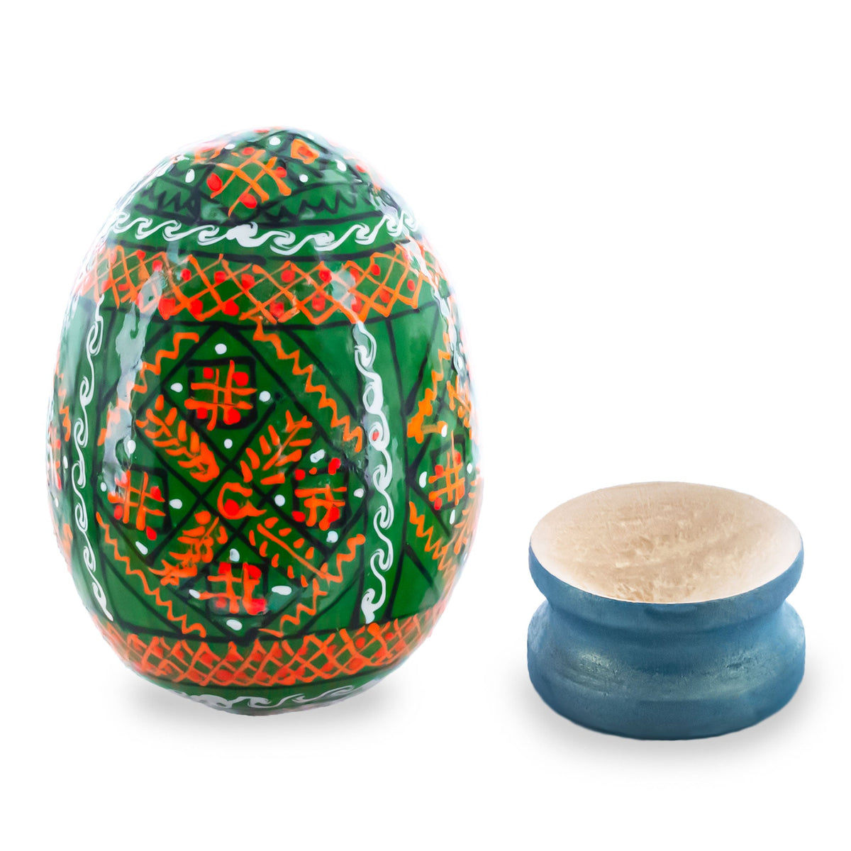 Geometrical Green Ukrainian Wooden Easter Egg Pysanka on a Stand 3 Inches