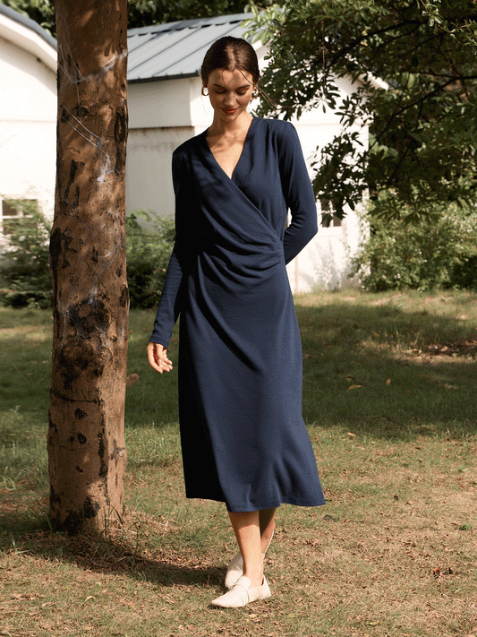Crossover V-Neck Wrap Stretch Midi Dress MARNIE