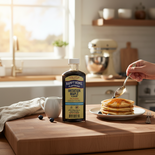 The Merry Hare Happy Home Imitation Maple Flavoring, 7 oz bottle. Non-alcoholic, gluten-free baking ingredient.