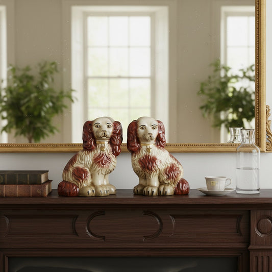 The Merry Hare pair of large rust orange Staffordshire dog figurines with gold lockets and detailing.
