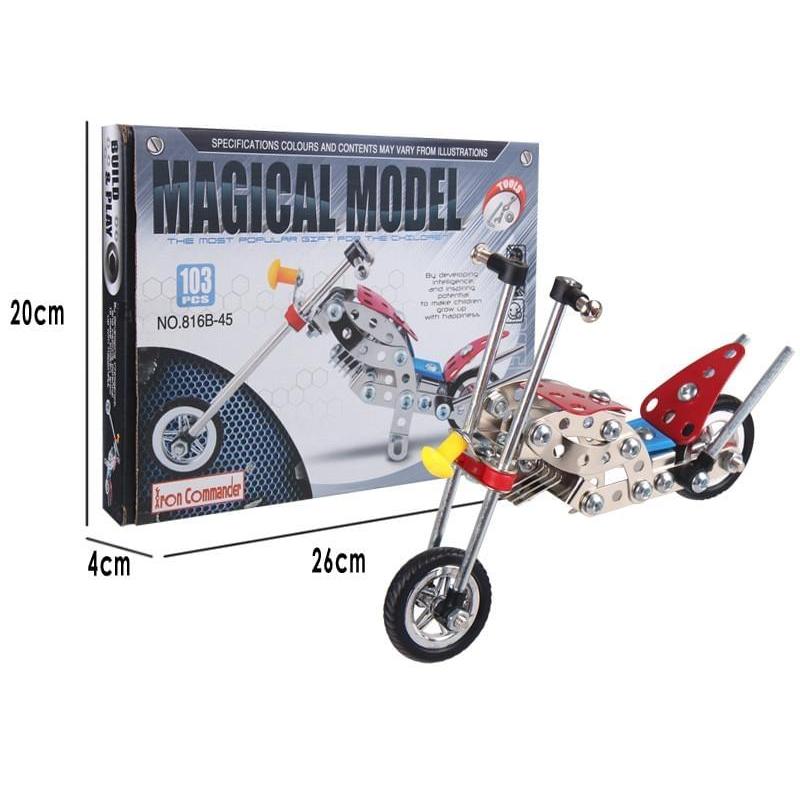Metal Motorcycle Model Kit Buildable Chopper Toy with Bolts & Tools DIY (105 Pieces) 7.5 Inches