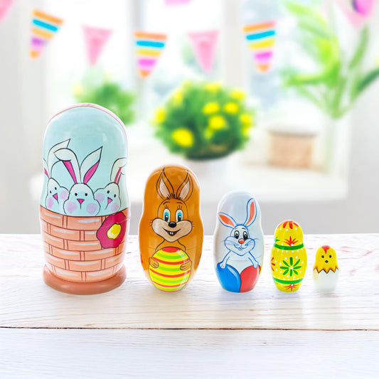 5 Bunnies, Chick with Easter Eggs Wicker Basket Wooden Nesting Figurines 6 Inches