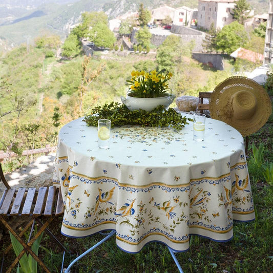 French Provencal tablecloth - Cotton, natural or acrylic-coated - 70" round - Moustiers blue | Tissus Toselli