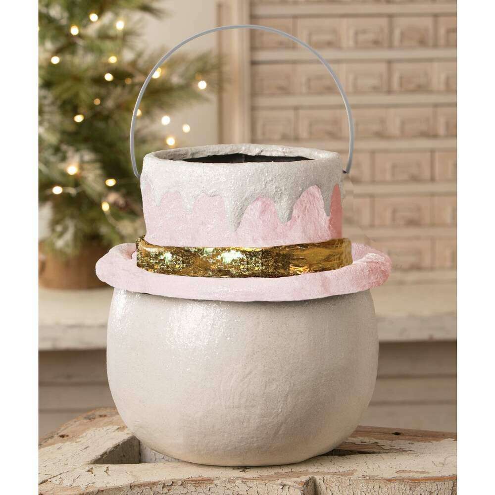 SMALL Pastel Holly Hat Snowman Bucket By Bethany Lowe Designs