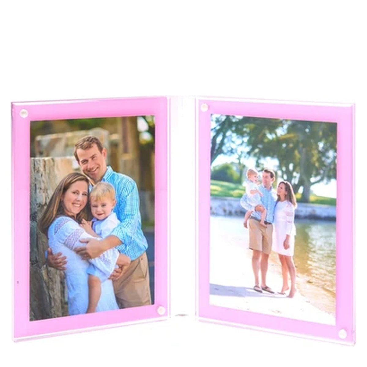 a couple of photos in a pink frame