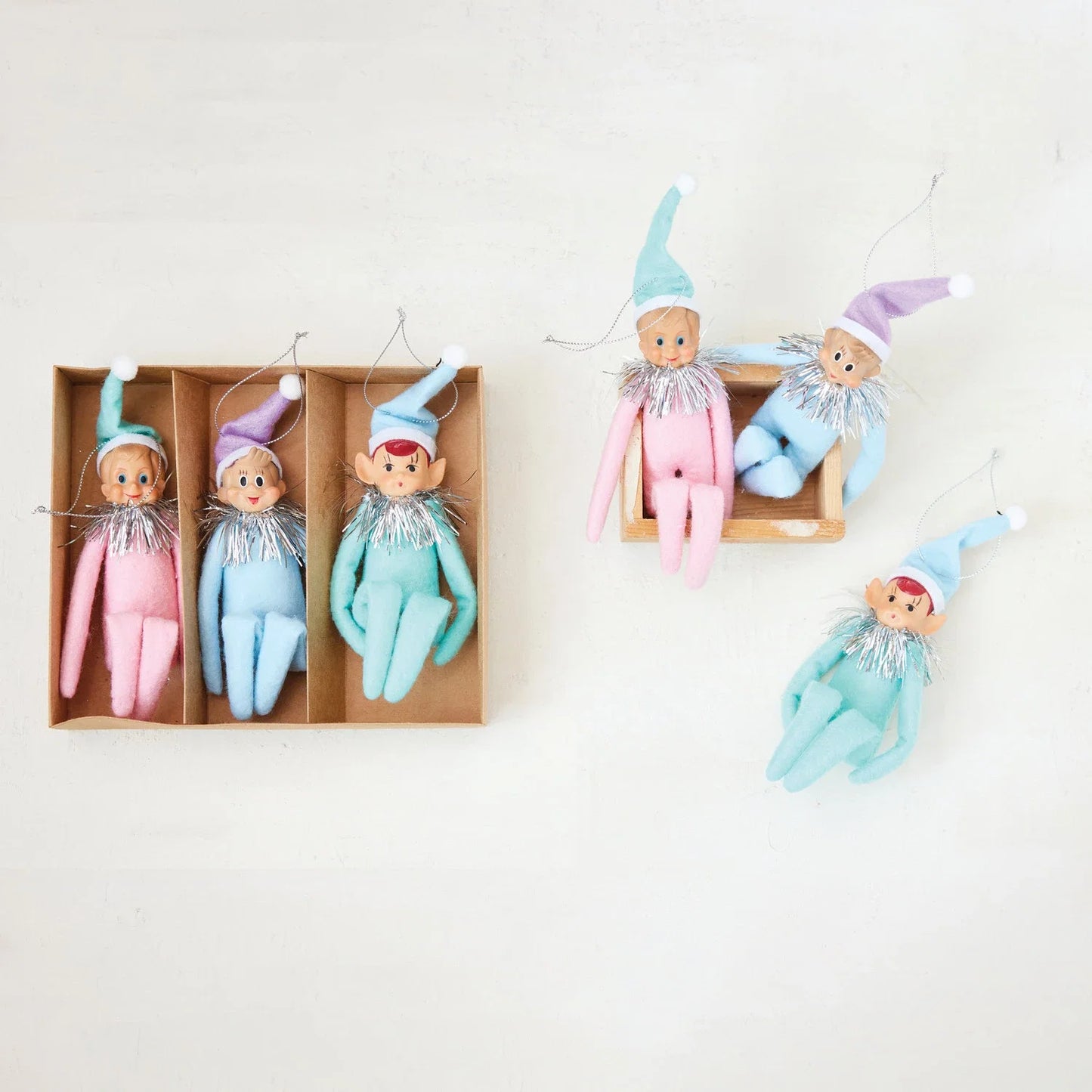 Pastel MCM KneeHugger Elf Ornaments Set of 3 by Bethany Lowe — Vintage Reproduction Christmas Ornaments