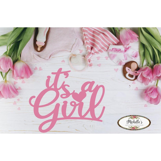 Pink It's a Girl Script Word Wood Cutout