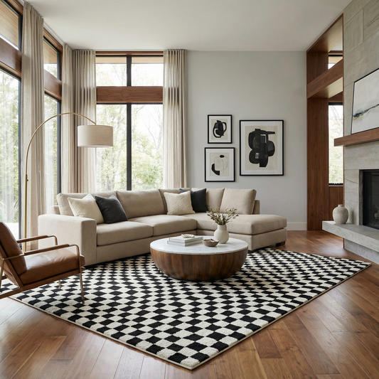 Lajos Black & White Checkered Plush Rug