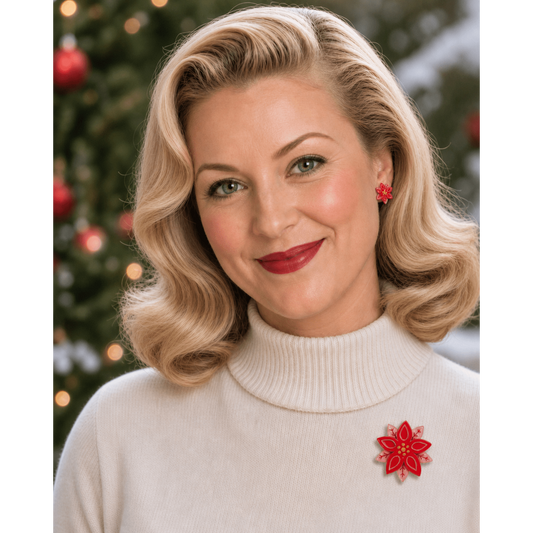 Pretty Poinsettia Brooch & Earring Set by Lipstick & Chrome