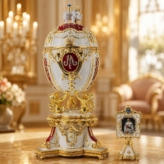 an ornate egg with an elephant on top and a picture frame