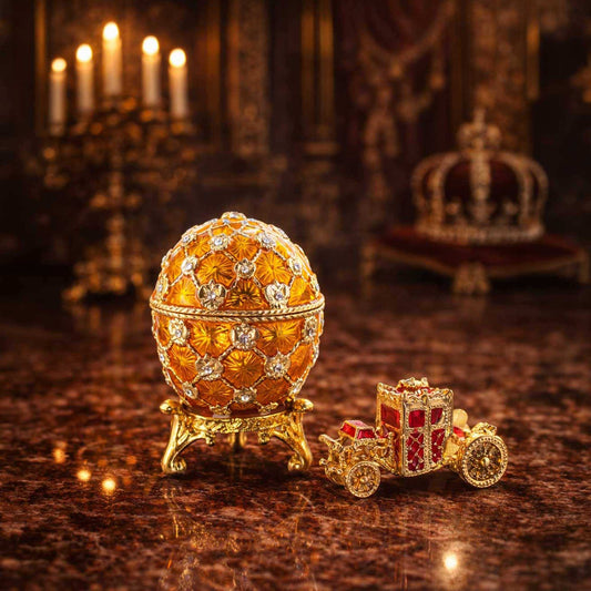 a gold egg with diamonds and a car