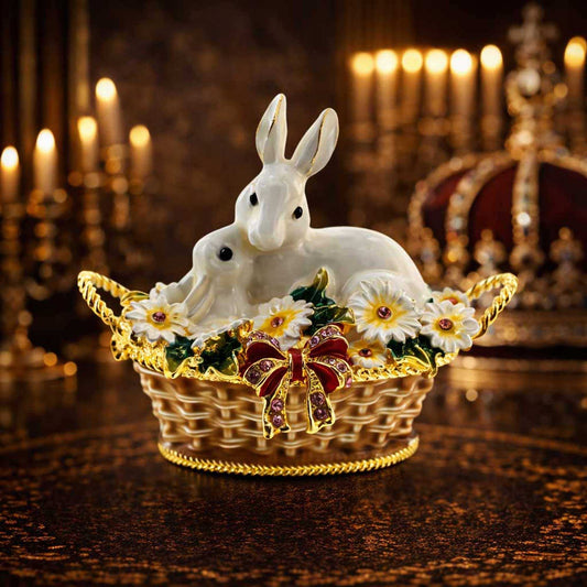 a white rabbits in a basket with flowers and a crown