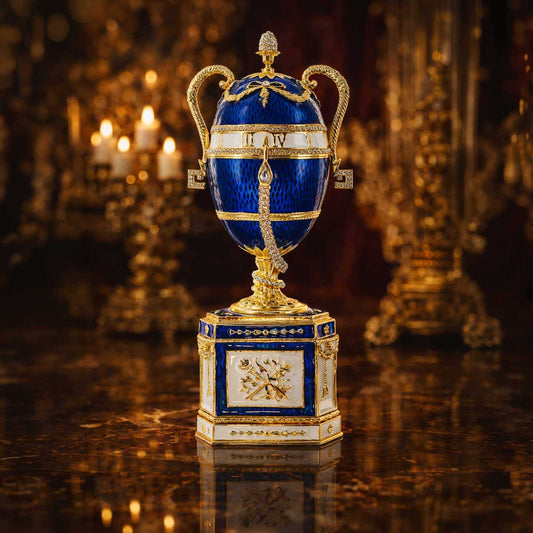 a blue and gold egg shaped object