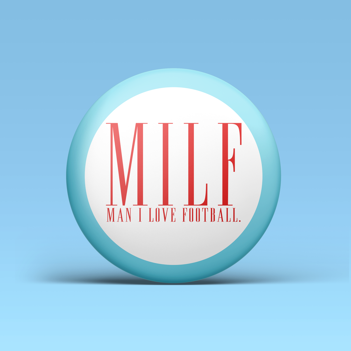 a white and blue ball with red text