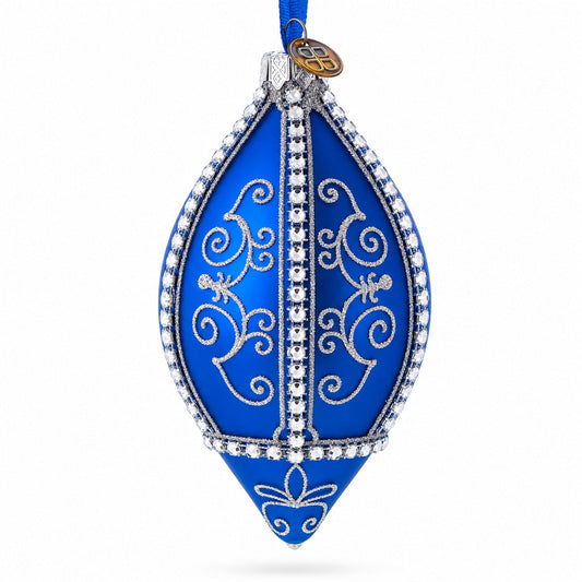 Jeweled Pattern on Blue Pointed Teardrop Finial Glass Christmas Ornament