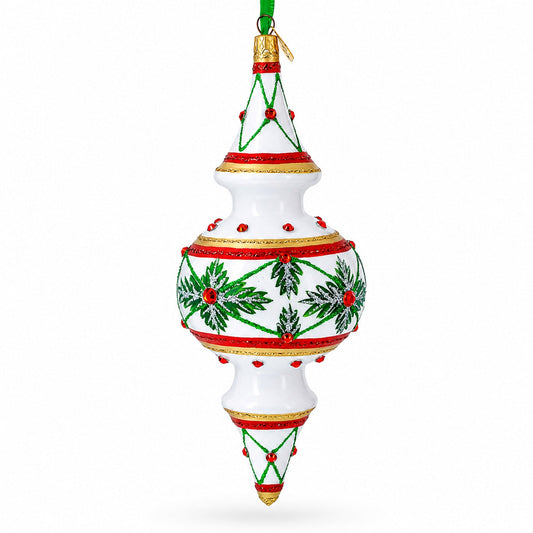 Winter Lattice & Holly Star Jeweled Double-Ended Finial Drop Glass Christmas Ornament