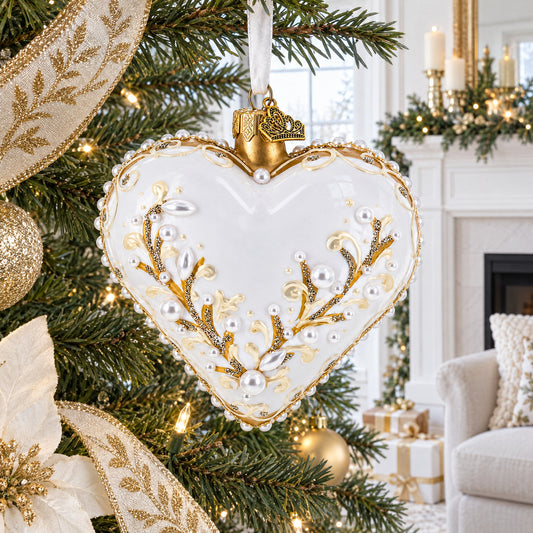 Winter Pearl Vine Jeweled Glass Heart Ornament