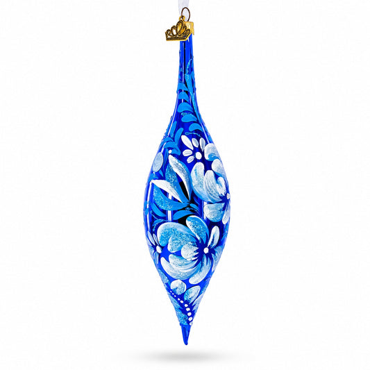 White Petal Blossoms Metallic Blue Elongated Pointed Teardrop Finial Glass Christmas Ornament
