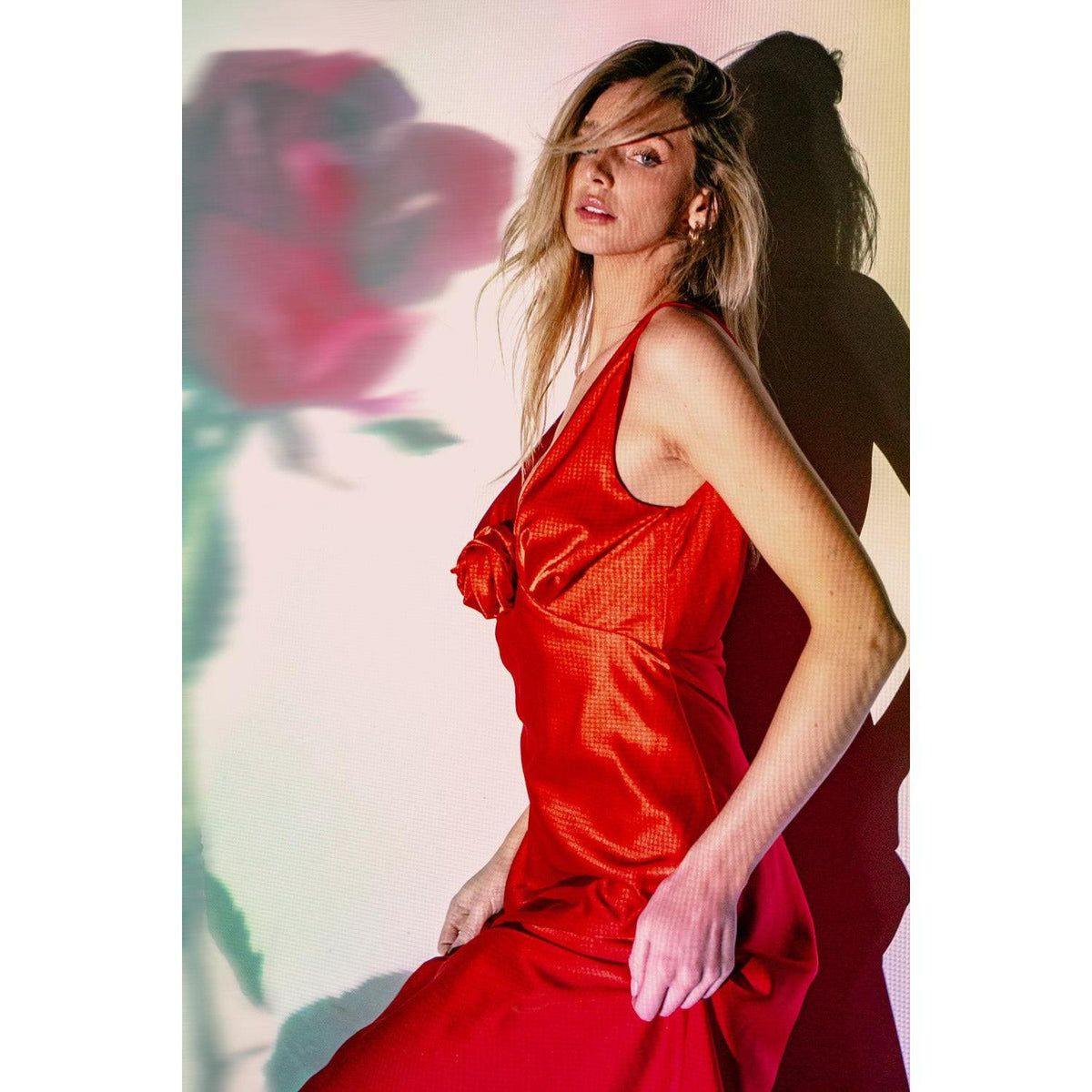 a woman in a red dress