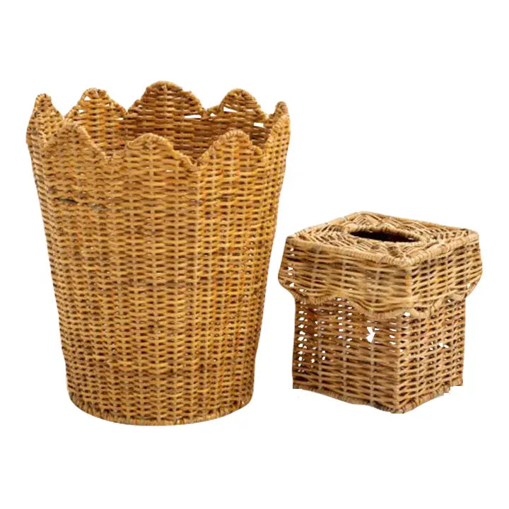 SCALLOPED WICKER WASTEPAPER BASKET & TISSUE HOLDER (2 Options)