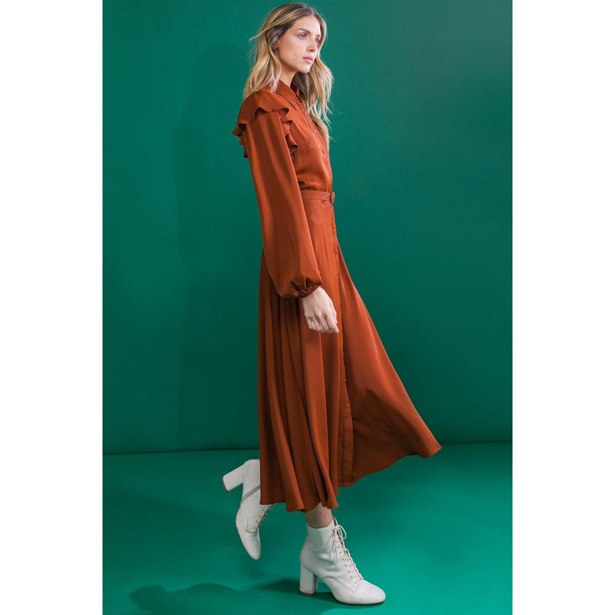 TIER ELEGANCE BROWN WOVEN MIDI DRESS