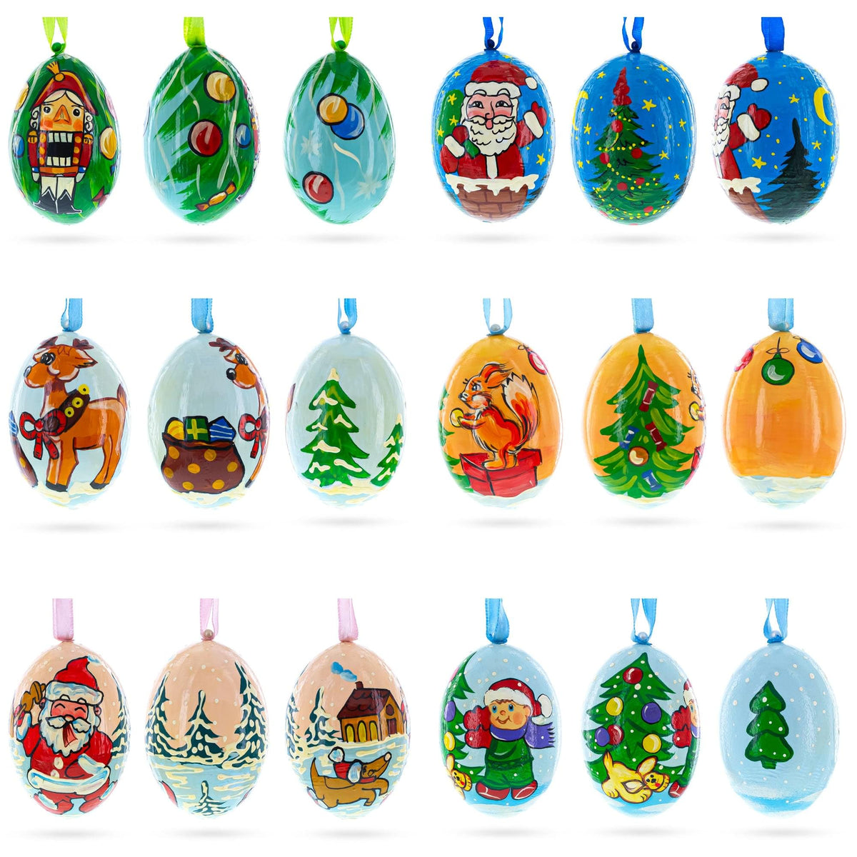 6 Santa, Nutcracker, Reindeer, Squirrel Wooden Christmas Ornaments 3 Inches