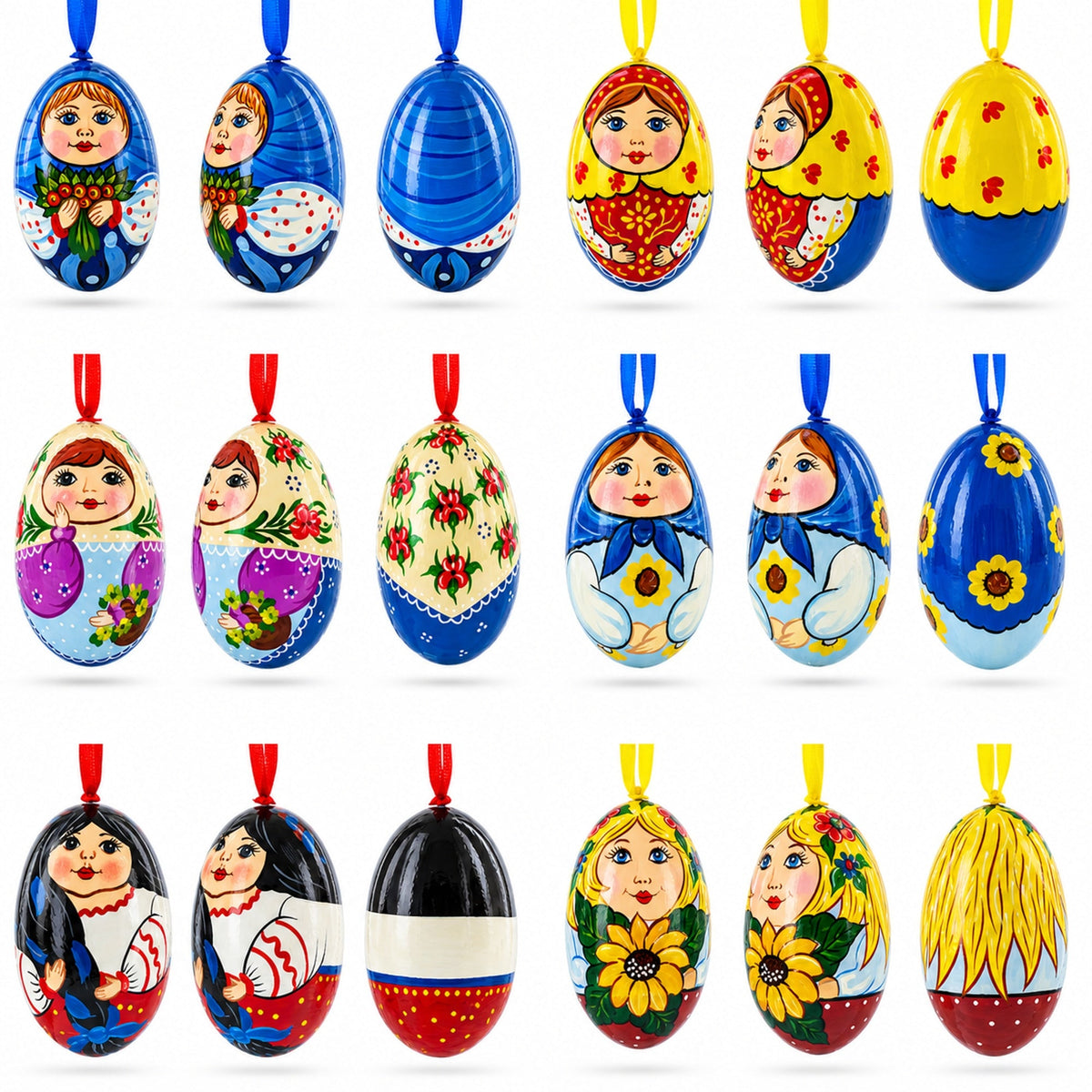 6 Ukrainian and Doll Wooden Christmas Ornaments 3 Inches