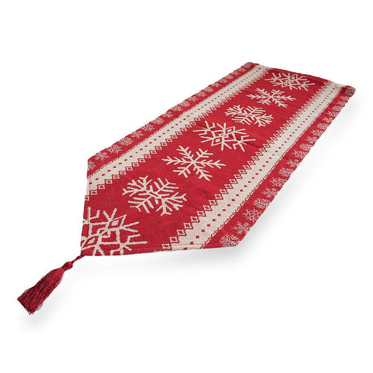 a red and white table runner