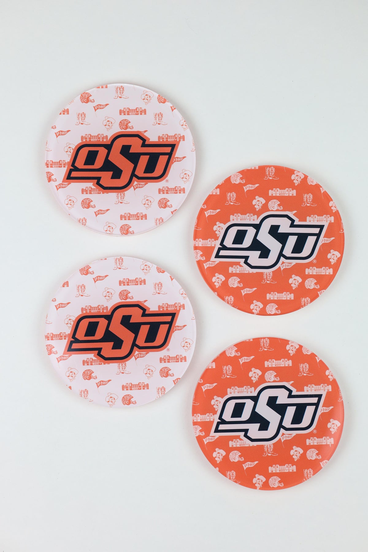 a group of orange and white circular objects with text